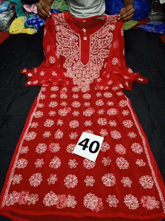 Lucknowi Chikankari Mirror Work Bell Sleeve Kurti With Slip( 2XL Size Only )