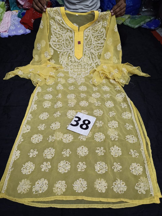 Lucknowi Chikankari Mirror Work Handwork Bell Sleeve  Kurti With Slip( M Size Only )