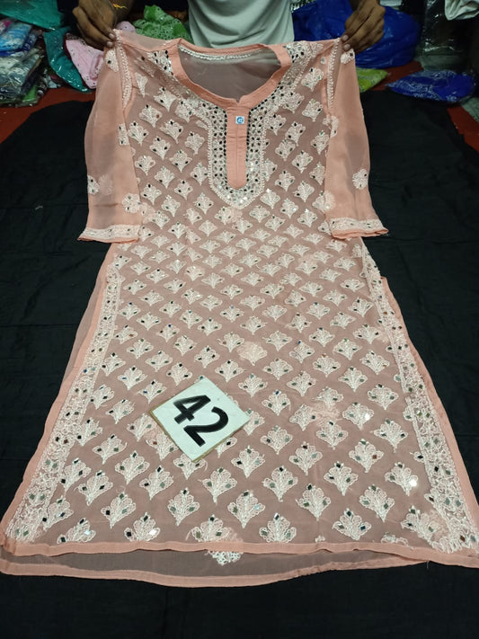 Lucknowi Chikankari Mirror Work Handwork Booti Jaal Kurti With Slip( XL Size Only )