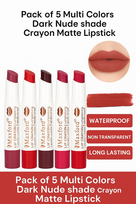 Maxford Pack of 5 Multi-Shade Crayon Matte Lipstick - Non-Transfer, Waterproof & Long-Lasting