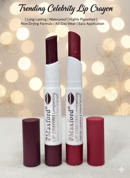 Pack of 2 Maxford Dark Shade Crayon Matte Lipstick - Non-Transfer, Waterproof & Long-Lasting