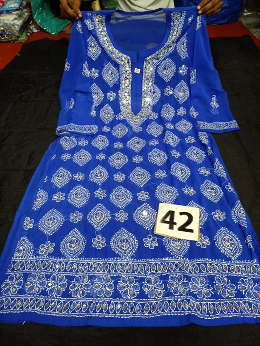 Lucknowi Chikankari Handwork Mirror Work Buta Jaal Kurti With Slip( XL Size Only )
