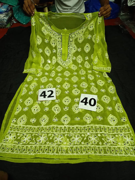 Lucknowi Chikankari Handwork Mirror Work Buta Jaal Kurti With Slip( L-XL Size Only )