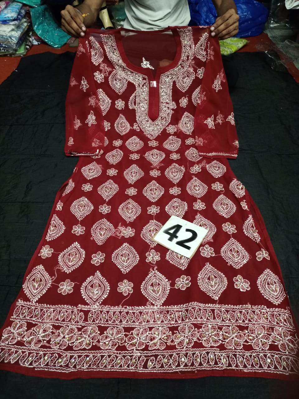 Lucknowi Chikankari Handwork Mirror Work Buta Jaal Red Kurti With Slip( XL Size Only )