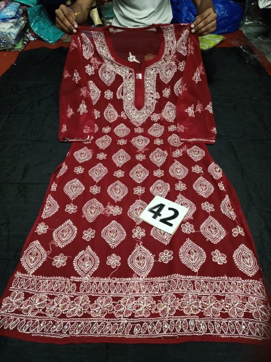 Lucknowi Chikankari Handwork Mirror Work Buta Jaal Red Kurti With Slip( XL Size Only )