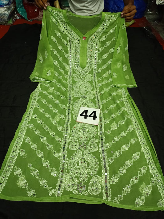 Lucknowi Chikankari Handwork Mirror Work Green Kurti With Slip( 2XL Size Only )