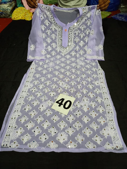Lucknowi Chikankari Mirror Work Booti Jaal Kurti With Slip( L Size Only )