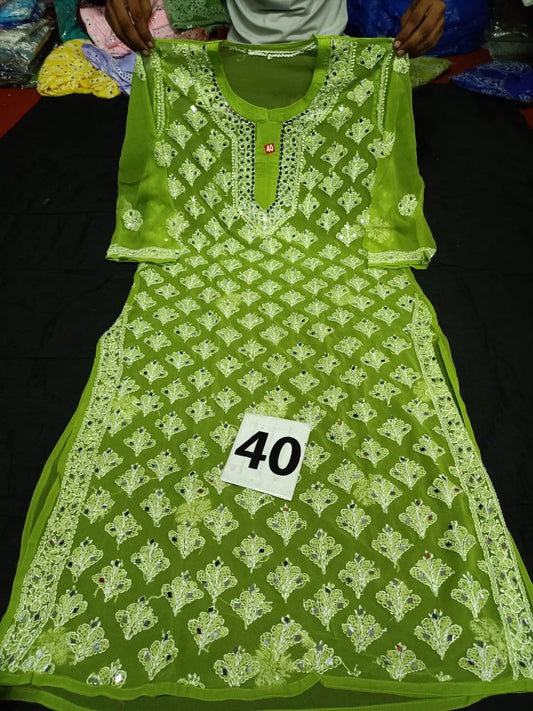 Lucknowi Chikankari Mirror Work Booti Jaal Kurti With Slip( L Size Only )