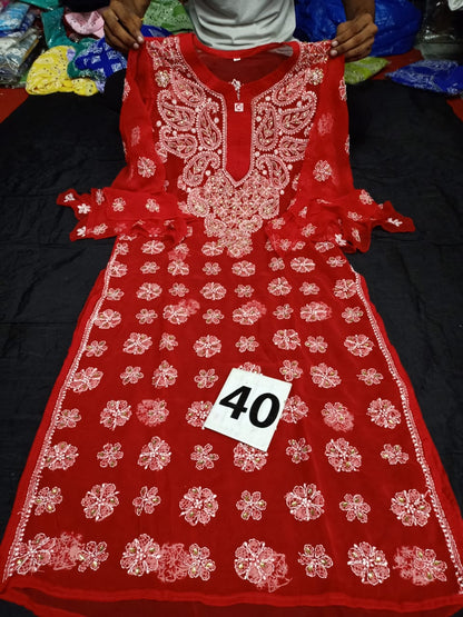 Lucknowi Chikankari Mirror Work Bell Sleeve Kurti With Slip( 2XL Size Only )