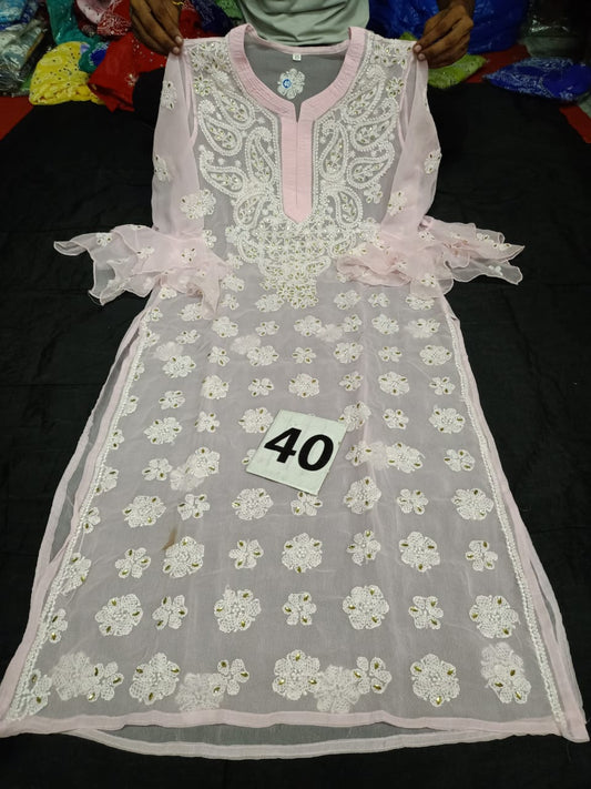 Lucknowi Chikankari Mirror Work Bell Sleeve  Kurti With Slip( M-L-XL-2XL Size Only )