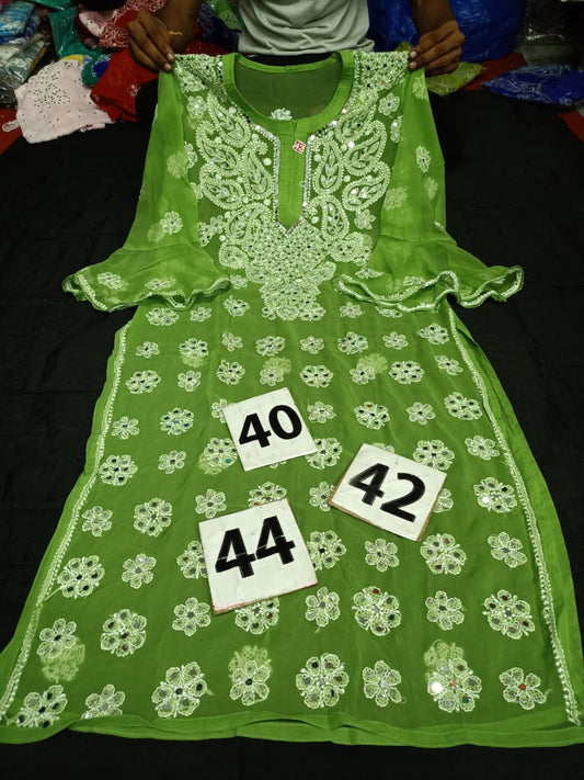 Lucknowi Chikankari Mirror Work Handwork Bell Sleeve  Kurti With Slip( L-XL-2XL Size Only )