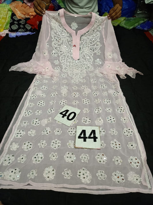 Lucknowi Chikankari Mirror Work Handwork Bell Sleeve  Kurti With Slip( L-2XL Size Only )