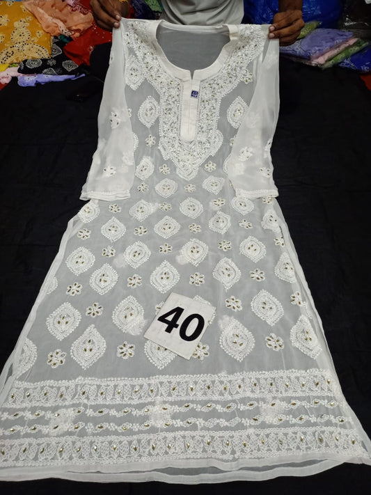 Lucknowi Chikankari Mirror Work Handwork Boota Jaal Kurti With Slip( L Size Only )