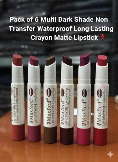 Pack of 6 Multi Dark Shade Non Transfer Waterproof Long Lasting Crayon Matte Lipstick