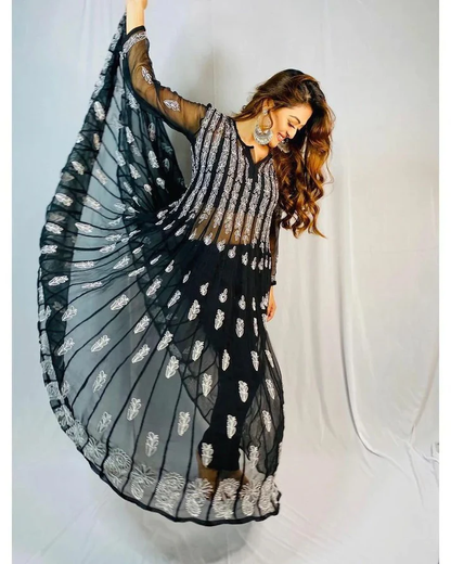 "ADR Chikankari Hand Embroidered Lucknowi Georgette 56 Kali Anarkali Kurti for Girls & Women"