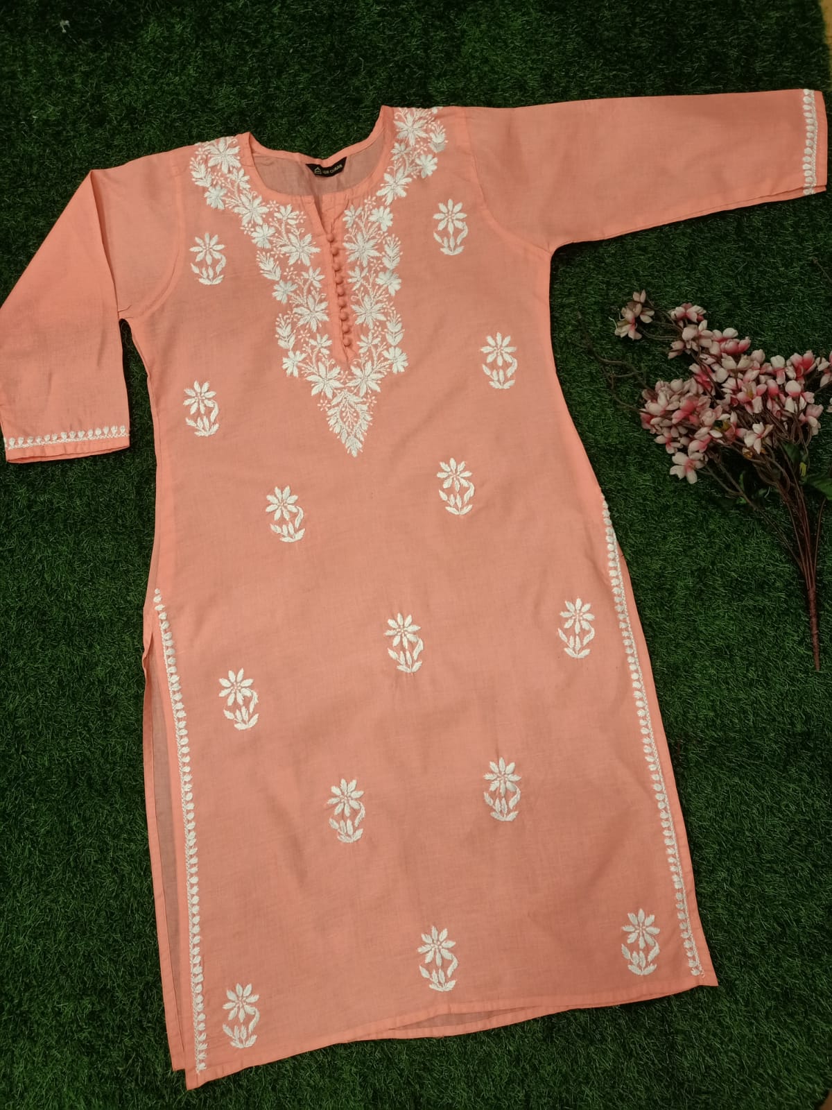 Lucknowi Chikankari Very Fine GhasPatti Handwork Cotton Long Kurtis(Color Chart)